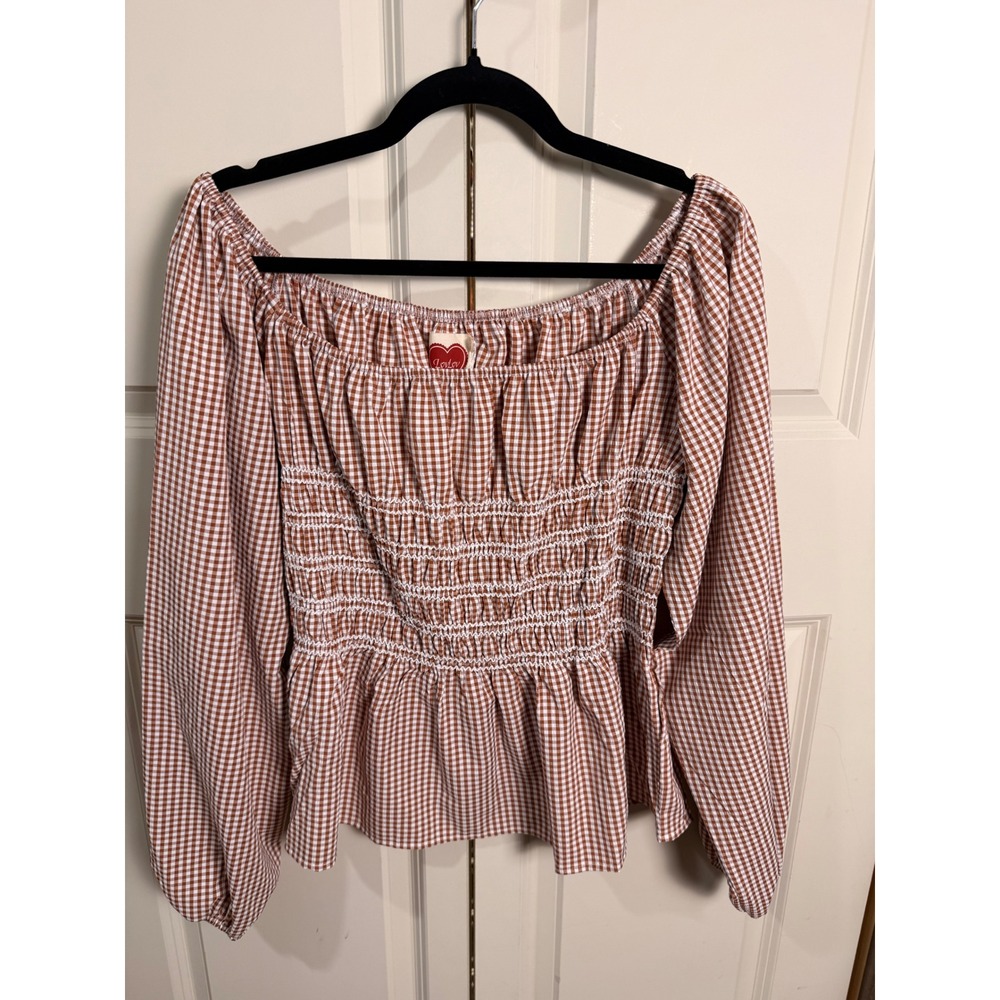 LovLov Gingham Smocked Peplum Top Brown White Check Long Sleeve Blouse